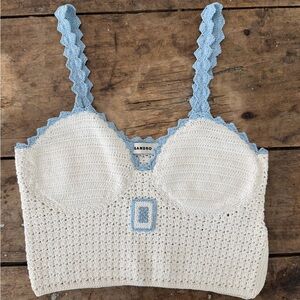 Sandro Crochet Top with White and Blue Accents
